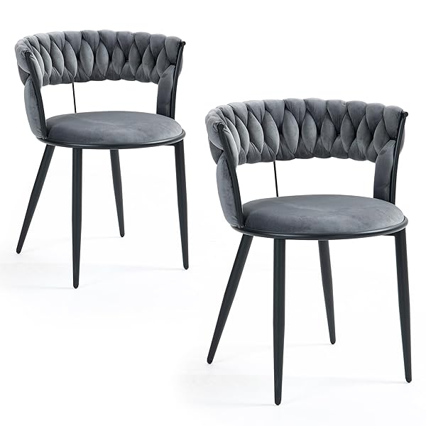 ダイニングチェア 2脚セット ブラック金属脚 ベルベット生地 編み込み背もたれ付き タフテッドチェア ..