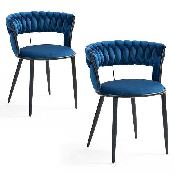 ダイニングチェア 2脚セット ブラック金属脚 ベルベット生地 編み込み背もたれ付き タフテッドチェア ..