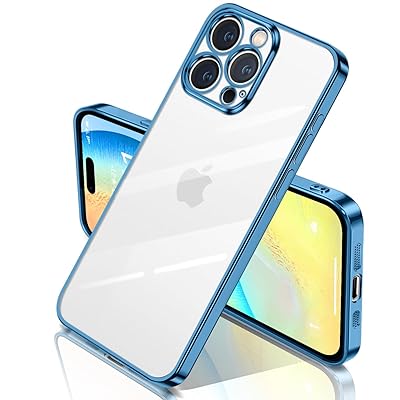 iPhone15 Pro 用 ケース クリア 透明 アイフォン15Pro カバー 耐衝撃 TPU 素材 メッキ枠 薄型 軽量 ソフト メッキ加工 人気(ブルー)