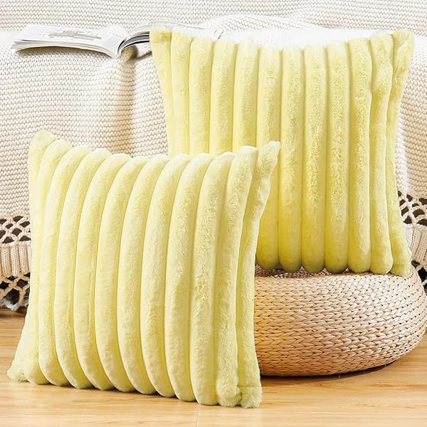 2枚セット フェイクファー プラッシュ スローピローカバー ふわふわストライプ ソフト装飾クッションカ..