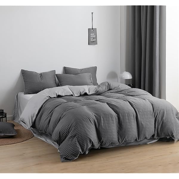 布団カバーセット 4点セット ダブル シアサッカー生地 寝具カバーセット「掛け布団カバー 敷き布団カバー 枕カバー*2」ボックスシーツ ベッドカバー シーツ 抗菌防臭加工 通気性 肌触り良い 柔らかい 洋式和式兼用 オールシーズン（ダークグレー 19