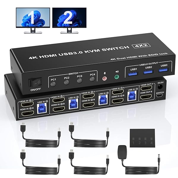 4 ポート USB 3.0 HDMI デュアル モニター KVMスイッチ 4K@60Hz ディスプレイ切替器 2 HDMIモニター4PC 分配器 オーディオ マイク出力と 3 USB 3.0 ポート、デュアルモニター hdmi 拡張 キーボードマウス
