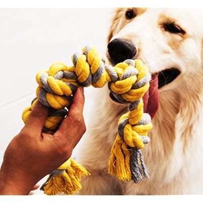 Bluestarz13923 犬おもちゃ 中型犬 大型犬用 犬ロープおもちゃ 犬用噛むおもちゃ玩具 耐久性 丈夫 清潔 歯磨き 天然コットン 運動不足解消 ストレス解消 ((イエローロープ))