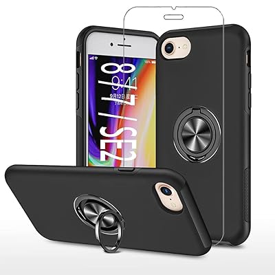 スマホケース iPhone SE ケース 第3世代 2020 アイフォン 8 7 se3 6s 6 対応 リング スタンド 付き 耐衝撃 + 4.7インチ 强化 ガラス フィルム 7ケース あいふぉん8 iPhone7 の 携帯 カバー ブラック
