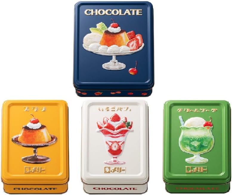 即納 期間限定 メリーチョコレート はじけるキャンディチョコレート。プリンアラモード・クリームソーダ・いちごパフェ・プリン 4種缶セット バレンタイン ホワイトデー ギフト プレゼント SNS 話題 人気のサムネイル