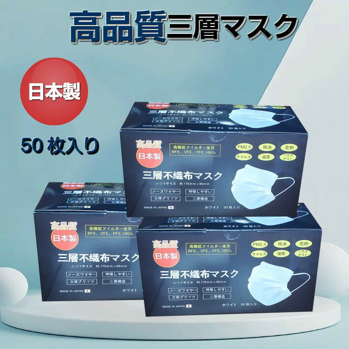 2箱以上送料無料　日本製　高機能　マスク 50枚 マスク 使い捨て 使い捨てマスク レギュラー 男女兼用 大人 立体 ウィルス飛沫 花粉 PM2.5 ハウスダスト 風邪 対策 耳が痛くならない 大きいサイズ フィルター 50枚入りマスク 日本製