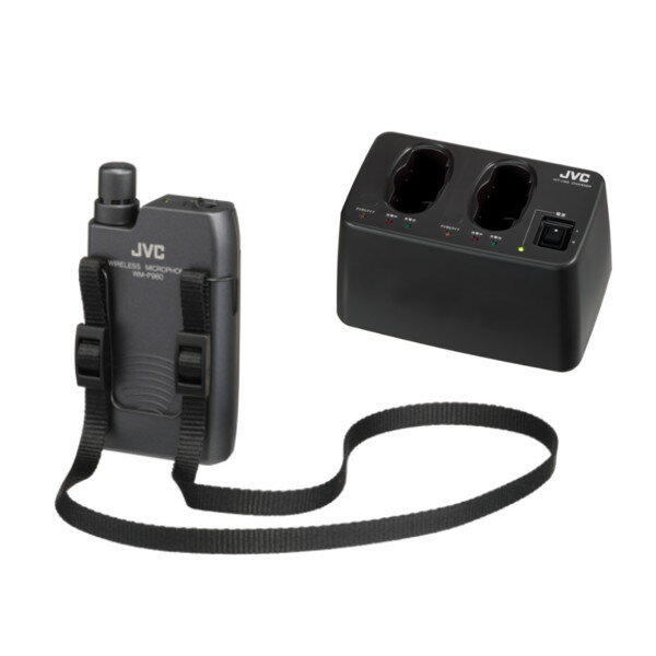 ペンダント型ワイヤレスマイクに専用充電器をセットにしました。 充電器（WT-C63）に専用充電池付き。 【セット内容】 ・WM-P980 ×1（ペンダント型ワイヤレスマイクロホン） ・WT-C63 ×1（充電器） 【WM-P980】 ・空中線電力：5 mW/2 mW切替 ・マイクロホン型式：単一指向性エレクトレットコンデンサー型 ・外形寸法：幅62 mm×高さ112 mm×厚さ22 mm(突起物含まず） ・質 量：約80 g(電池含まず) ・付属品：単3乾電池(動作確認用)、ストラップ、 小型ドライバー(チャンネル設定用)、チャンネル表示ラベル、ソフトバッグ 【WT-C63】 ・専用充電式電池（QAB0093-002）×2 ・標準充電時間：約2時間(デジタルマイクロホン充電時) ・充電時間最大約5時間のタイマー式（アナログワイヤレスマイク充電時）