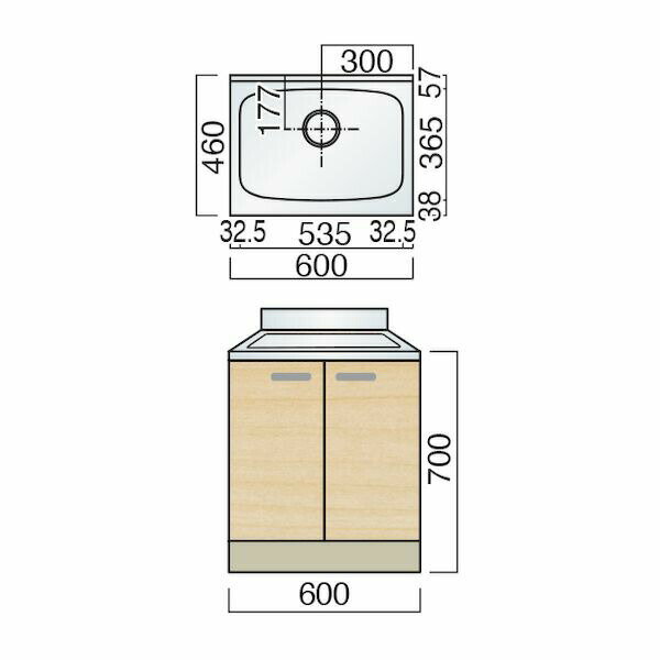 レマン 奥行き460コンパクトハンドル取手 単槽流し台 幅60cm 底面ステンレス貼り キッチン