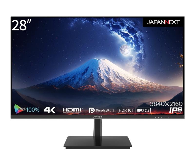 JAPANNEXT 28インチ IPSパネル 4K(3840x2160)液晶モニター HDR対応 JN-IPS2802UHDR HDMI DP sRGB100% PIP/PBP対応28インチのIPS系パネルを搭載、4K解像度(3840 x 2160)に対応した液晶モニターです。フルHD(1920x1080)の4倍の高解像度は圧倒的な高生産性を実現します。sRGB 100％の広色域に対応し映像を美しく鮮やかに表示しますので写真編集、動画閲覧にも最適です。インターフェイスはHDMI 2.0端子を2つさらにDisplayPort 1.2端子を1つ搭載しています。複数の入力を同時に表示する「PBP(Picture by Picture)」に対応、PBPモードでは、2つの入力映像を同時に左右に並べて表示可能。さらに2つの入力の一つを子画面にて表示する「PIP(Picture in Picture)」も可能です。100x100mmのVESAマウントに対応しますので、別売りのモニターアームなどに使用が可能です。2W x2のスピーカーを内蔵します。