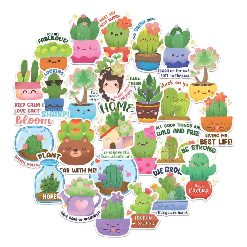 Navy Peony Lovable Cactus and Succulent Stickers (25 Pieces) - Cute, Waterproof, Child House Plant Quote Stickers for Kids Craft, Laptop, Party Favor