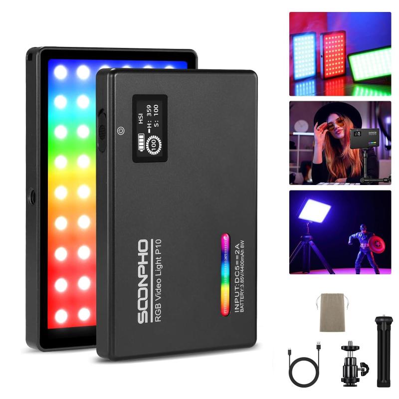 SOONPHO RGB ビデオライト LED撮影用ライト 2500K-8500K CRI97 360°フルカラー 高輝度照明 4400mAh電池内蔵 4段式卓上三脚 360°回転可能な雲台 静音 小型 軽量 超薄型 USB充電式 一眼レフカメ…