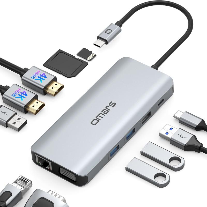 楽天ドリームストア365USB C ハブ 11-in-1 トリプルディスプレイ Omars USB Type C ハブ HDMI ドッキングステーション【デュアル 4K HDMI/VGA/PD 100W 急速充電/1Gbps イーサネット/4USB-A ポート/MicroSD&SDカード】MacBook Pro Air/iPad/Sam