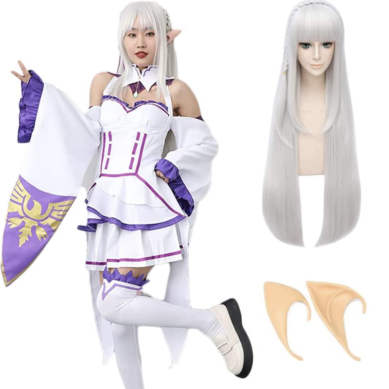 MOMOcos エミリア コスプレ 衣装 Re:ゼロから始める異世界生活 エミリア Emilia 風 メイド衣装 和服 着物 学園祭 仮装 コスプレ コスチューム 【ウィッグ付き】