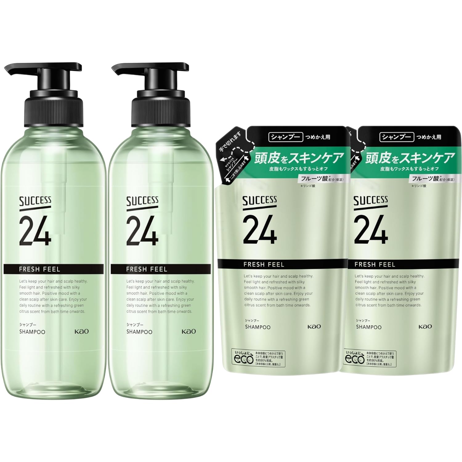 乐天商城 - 花王 サクセス24 フレッシュフィールシャンプー 本体 400ml + つめかえ用 320ml 本体2個+詰め替え2個セット 8LINK