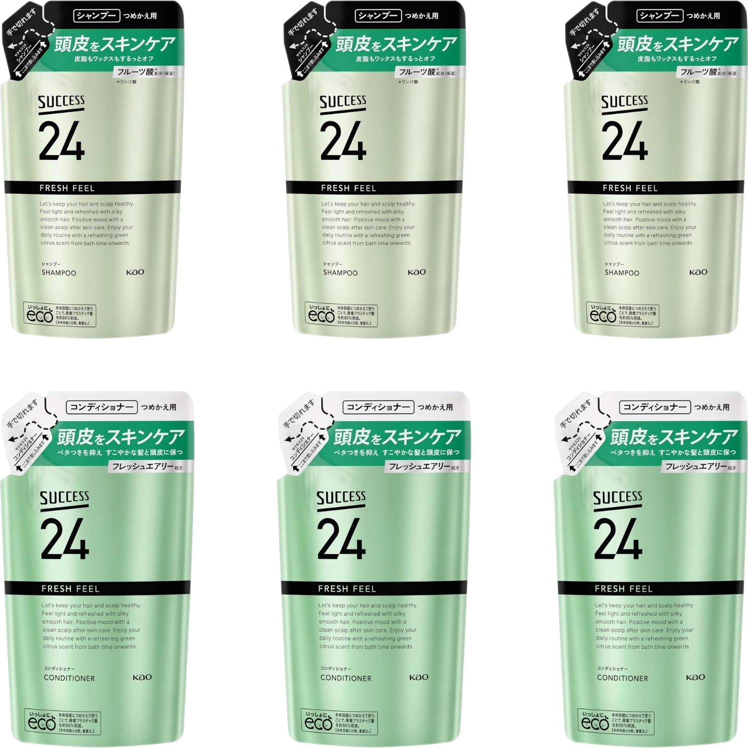 乐天商城 - 花王 サクセス24 フレッシュフィールシャンプー つめかえ用 320ml + コンディショナー つめかえ用 320ml 各3個セット 8LINK