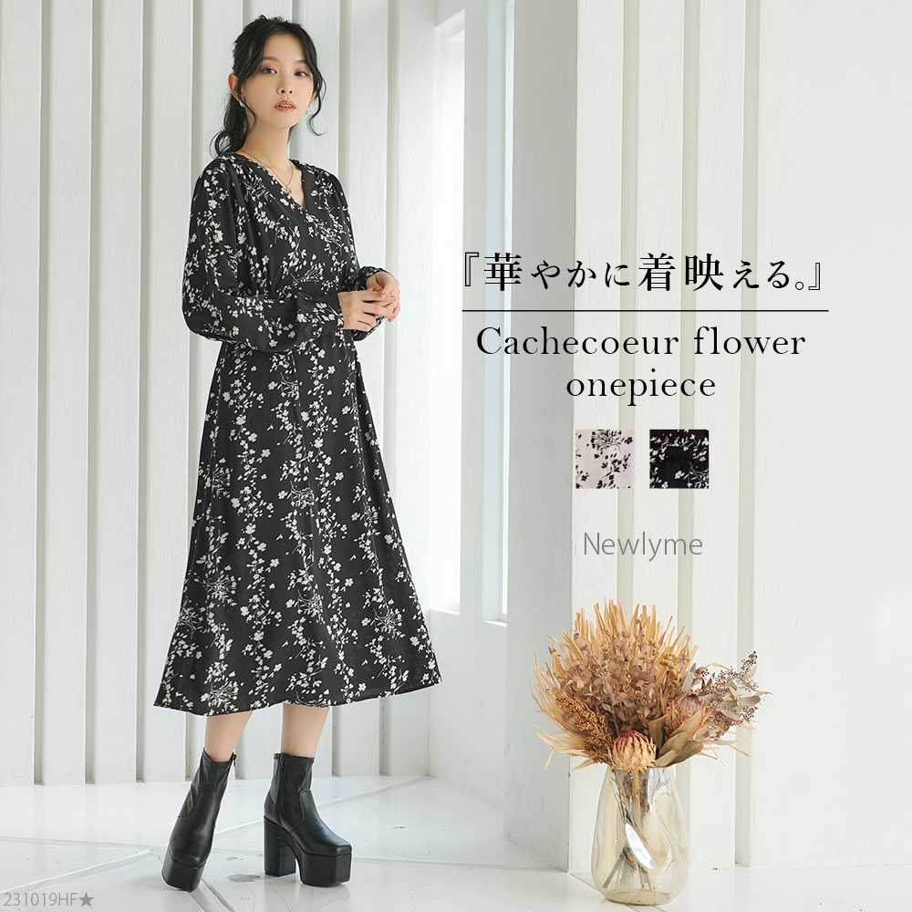 カシュクール花柄ワンピース ワンピース シフォン ジョーゼットワンピース 長袖 コアアイテム Newlyme 春 夏 ホワイト ブラック F 2021年 10代 20代 30代 通勤 通学 結婚式 二次会◆入荷済 【11_SAL 06SALEのサムネイル