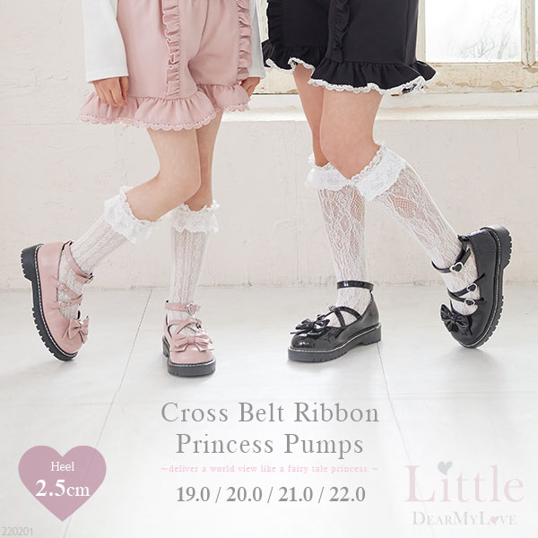 楽天夢展望 YUMETENBOクロスベルトリボン姫パンプス キッズ 子供服 靴 靴下 靴関連 パンプス ラウンドトゥ Little DearMyLove 春 夏 秋 冬 ピンク ブラック 19cm 20cm 21cm 22cm ロリータ ゴスロリ リボン 姫 ハート おねーさんコーデ お出かけ 発表会 夢展望