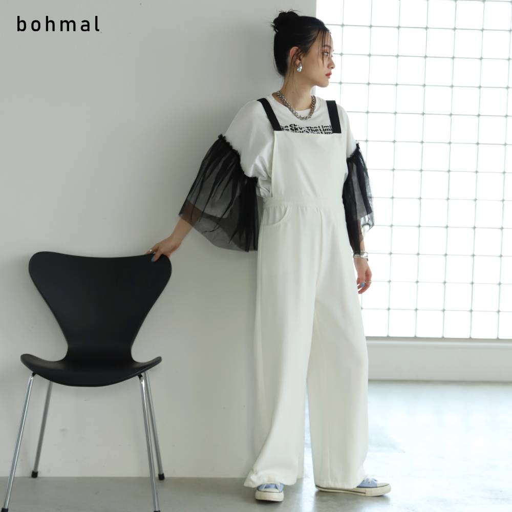 脚長グログランテープサロペット レディース ボトム パンツ オールインワン フルレングス ベーシック bohmal 春 夏 オフホワイト ブラック F ママコーデ　ママカジュアル 大人カジュアル シンプル カジュアル SALE0119