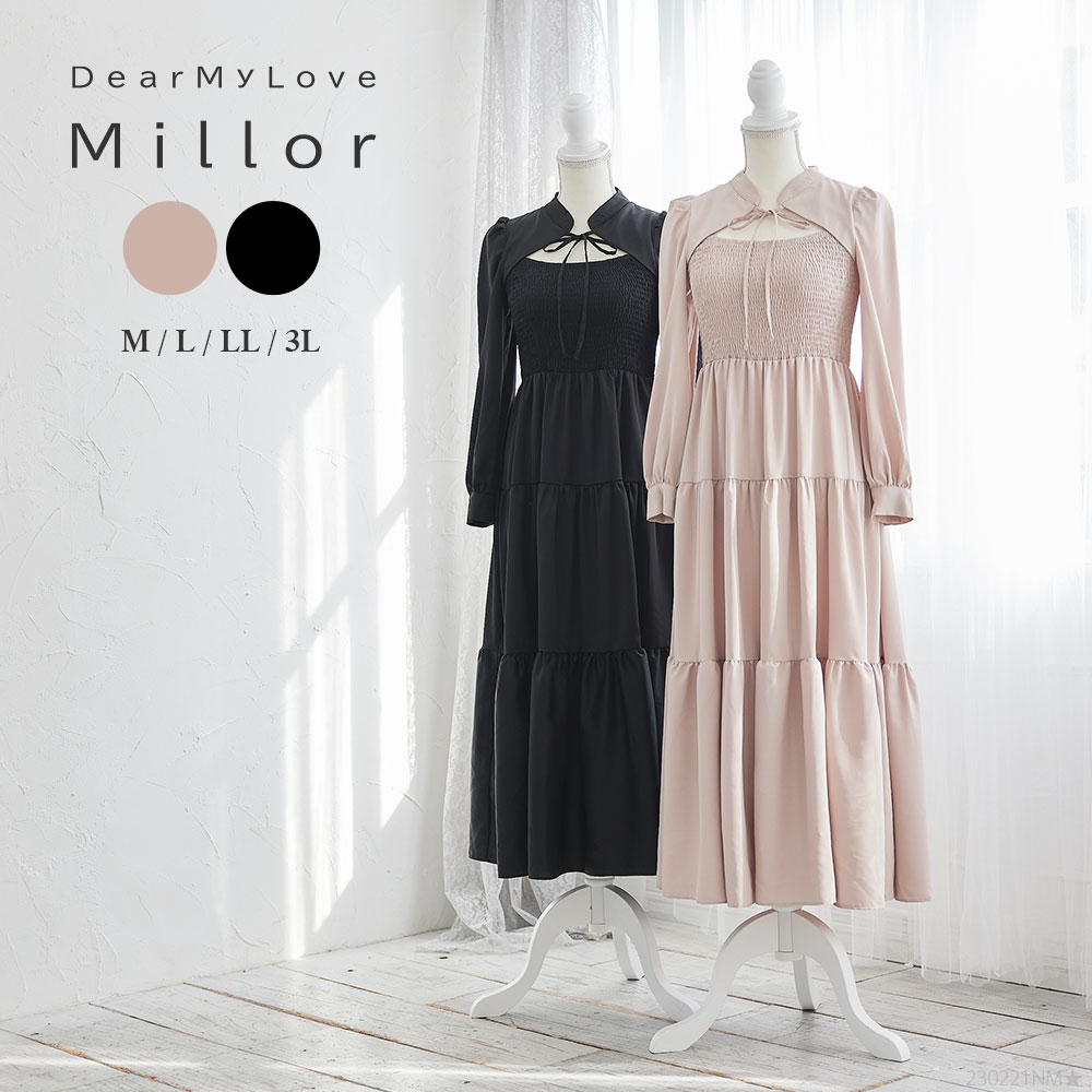 夢展望 ワンピース デコルテオープンワンピース レディース ワンピース カットソーワンピース 長袖 Millor DearMyLove 秋 冬 グレージュ ブラック L LL 3L あざとい デート 量産型 大人ガーリー 大きいサイズ ガーリー 肌見せ シンプル 大人 夢展望