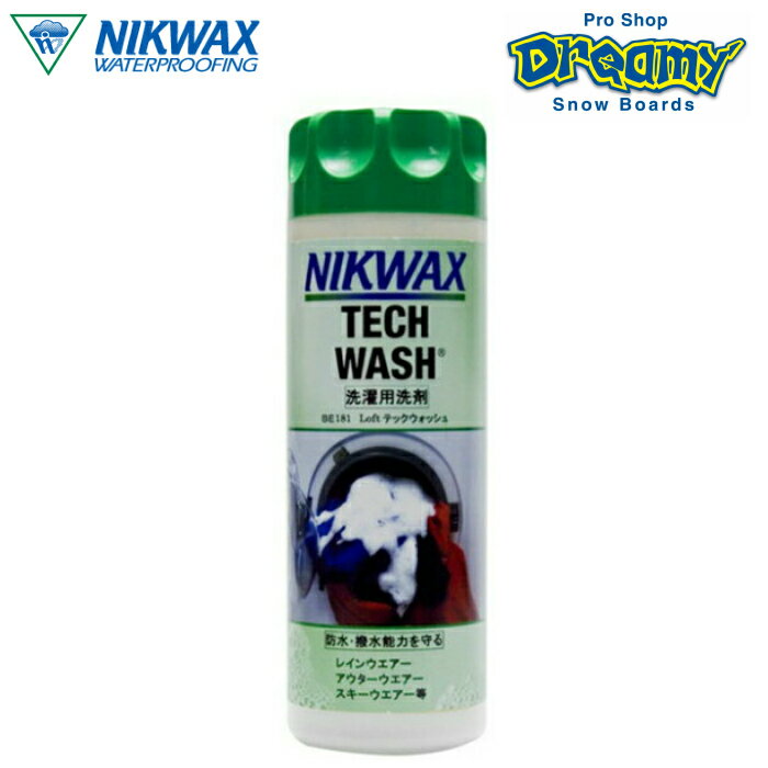 商品説明モデル名NIKWAX（ニクワックス） TECH WASH　洗濯用洗剤品番：BE181スノーボードウェア・レインコート用　洗剤 各種透湿防水生地、耐久撥水加工生地の撥水性を落とすことなく、汚れだけを落とす洗剤です。合成界面活性剤は使用していません。&#8226;防水・撥水布地専用洗剤&#8226;容量＝300ミリリットル &#8226;レインウエアー、ジャケット、スノーボードウエアー、フリース用詳細 ★効果が持続し、経済的ニクワックス撥水剤は、1回の処理で、効果が持続。使用頻度が少なくてすみ経済的です。 ★水性だから、効き目が高い ニクワックスは、微粒子の活性成分を繊維に運ぶ基材として水を使用。水性のため、活性成分が水漏れや水の吸収が起こりやすい箇所に向かって流れます。 ★丈夫で柔軟なポリマー被膜 水分が蒸発すると、丈夫で柔軟性に富む弾性ポリマーの被膜TX10i（ニクワックス社特許取得）が、繊維や微細繊維上に形成されます。 ★紫外線抵抗力も、大幅に向上 布地は紫外線により弱り、裂けやすくなりますが、TX10iは、紫外線抵抗力を大幅に向上させることが実験で明らかになっています。★濡れた状態で撥水加工ウェアを洗濯後、乾く前の濡れた状態で撥水加工を行ってください。 ★地球環境に優しい製品 有害な溶剤やエアゾール用圧縮ガスなど、地球温暖化やオゾン層の破壊につながる物質は使用していません。Loftテックウォッシュ アウトドアウエアは意外に汚れています。汗や体脂、埃や泥などが付着したウエアは撥水性が著しく低下しています。撥水性が低下したウエアは通気を妨げ、内側に水分が結露し、結局その下に着ているインナーウエアを濡らしてしまいます。通常ご家庭で使われている粉末や、液体の合成洗剤は汚れの成分は落とす事が出来ますが、良くすすいでも目に見えない洗剤成分が残ります。そのため、多くのアウトドアウエアに施されている耐久撥水加工（DWR）の効果を著しく低下させます。NIKWAX Loftテックウォッシュは洗剤成分をウエアに残さない非合成洗剤です。ウエアの生地が元々持っていた撥水性能を蘇らせる効果もあります。またその成分も、自然界で分解されにくく川や海を汚染する 合成界面活性剤は使用していませんので安心してお使い下さい。 ゴアテックス&reg;、エントラント&reg;などの透湿防水ジャケットにも安心してお使い頂けます。 全自動洗濯機や手洗いでのご使用ができます。※ダウン（羽毛）製品にはEBE241 TX.10ダウンプルーフをお使い下さい。■洗濯機による使用方法先ず、ウエアが洗えるかを洗濯表示でご確認下さい。 1.ベルクロ、ジッパー、バックルなどを全て閉じます。2.ウエアを洗濯槽に入れ下記の表を目安に本品を入れて下さい。3.標準レベルの洗濯・すすぎのタイマーをセットします。 4.ウエアの洗濯表示に従い乾燥機で乾燥させるか、自然乾燥して下さい。●使用量の目安（洗濯機の場合） 1〜2着で約20Lの水に本商品を150ml使用します。2〜3着で約35Lの水に本商品を250ml使用します。 3〜4着で約45Lの水に本商品を300ml使用します。■手洗いによる使用方法 1.水にウエアを浸します。1着当たり18リッターを超えないようにします。 2.1着につきキャップ2杯（100ml）のテックウォッシュを入れ全体的に洗います。 時々かき混ぜながらさらに洗い15分間浸け置きます。3.洗濯水を捨て、水が濁らなくなるまで充分にすすいで下さい。4.ウエアの洗濯表示に従い乾燥機に掛けるか、自然乾燥して下さい。 ＊汚れのひどい箇所には洗う前に、直接テックウォッシュを塗って下さい。 &#8226;ダウンウエアにはご使用頂けません。「EBE191ダウンウォッシュ」をご使用下さい。 &#8226;柔軟剤、漂白剤等は併用しないで下さい。撥水性能が低下します。&#8226;沢山ご使用になる方には「EBE183　 1リットルモデル」も用意しています。※注意事項●返品について● お客様都合によるご注文後の返品・キャンセル・交換は一切受け付けておりませんので、予めご了承下さい。●商品画像について● 撮影状況、PC状況により、色合いが若干異なる場合がありますので、ご了承の上ご購入ください。●商品欠品について● 掲載されている全ての商品は実店舗・他のネットショッピングでも販売しております。ご注文を承り次第在庫を確保しますが、完売の際はご容赦下さい。 ●送料について● 合計金額13,000円以上（税抜）は送料無料となりますが、北海道・沖縄・離島等の場合、別途送料が必要となります。&nbsp;NIKWAX（ニクワックス）TECHWASH（テックウォッシュ）300ml　洗濯用洗剤