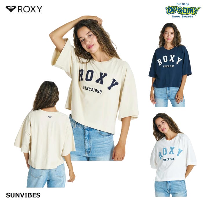 乐天商城 - ROXY SUNVIBES RST262033 Tシャツ半袖 ドロップショルダー クロップド丈 ゆったりシルエット カットオフ 薄手 コットン 刺繍 アップリケ ロゴ ロキシー 正規品