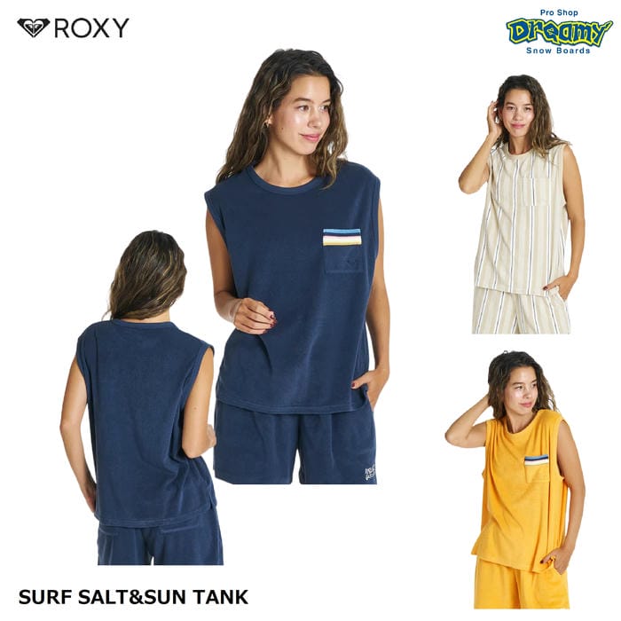 乐天商城 - ROXY SURF SALT&SUN TANK RDK262040 タンクトップ 胸ポケット コットンパイル素材 ノースリーブ トップス ストライプ 広めアームホール ロゴ ロキシー 正規品