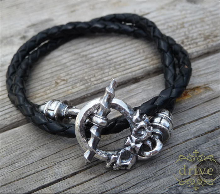 送料無料 【drive シルバーアクセサリー】 ドライヴ db-022 スカルTバーレザーブレスレット メンズ silver925 シルバー925 シルバーアクセ 革巻き ドクロ
