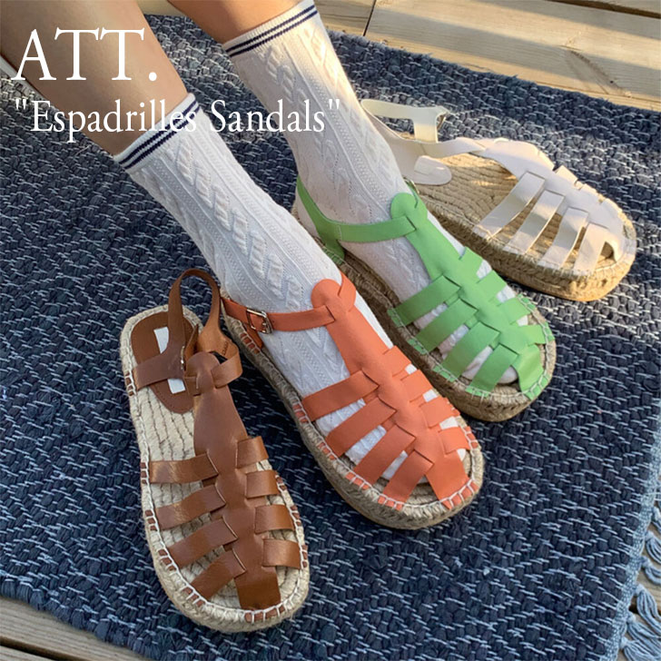 エーティティ サンダル ATT. レディース Espadrilles Sandals エスパドリーユ サンダル BLACK ブラック BROWN ブラウン IVORY アイボリー ORANGE オレンジ GREEN グリーン 1480238 韓国 シューズ モダンなデザインとユニークなカラー展開が際立つ韓国ブランド、ATT.(エーティティ)。 しっかりと足をホールドしつつも、通気性抜群で履き心地の良い1点です。 エスパドリーユのデザインをグルカサンダルに落とし込むことで、 よりカジュアルな雰囲気を醸し出します。 ギフトやプレゼントにもオススメ。 友人への誕生日やイベントに持って来いのアイテムです。 SIZE : (ヒール高さ)3cm、(足幅)10cm 素材 : 合皮、エスパドリーユ(キャンバス生地) ※お客様のご覧になられますパソコン機器及びモニタの設定及び出力環境、 また撮影時の照明等で、実際の商品素材の色と相違する場合もありますのでご了承下さい。商品紹介 エーティティ サンダル ATT. レディース Espadrilles Sandals エスパドリーユ サンダル BLACK ブラック BROWN ブラウン IVORY アイボリー ORANGE オレンジ GREEN グリーン 1480238 韓国 シューズ モダンなデザインとユニークなカラー展開が際立つ韓国ブランド、ATT.(エーティティ)。 しっかりと足をホールドしつつも、通気性抜群で履き心地の良い1点です。 エスパドリーユのデザインをグルカサンダルに落とし込むことで、 よりカジュアルな雰囲気を醸し出します。 ギフトやプレゼントにもオススメ。 友人への誕生日やイベントに持って来いのアイテムです。 SIZE : (ヒール高さ)3cm、(足幅)10cm 素材 : 合皮、エスパドリーユ(キャンバス生地) ※お客様のご覧になられますパソコン機器及びモニタの設定及び出力環境、 また撮影時の照明等で、実際の商品素材の色と相違する場合もありますのでご了承下さい。 商品仕様 商品名 エーティティ サンダル ATT. レディース Espadrilles Sandals エスパドリーユ サンダル BLACK ブラック BROWN ブラウン IVORY アイボリー ORANGE オレンジ GREEN グリーン 1480238 韓国 シューズ ブランド ATT. カラー　 BLACK / BROWN / IVORY / ORANGE / GREEN 素材 合皮、エスパドリーユ(キャンバス生地) ※ご注意（ご購入の前に必ずご一読下さい。） ※ ・当ショップは、メーカー等の海外倉庫と共通在庫での販売を行なっており、お取り寄せに約7-14営業日（土日祝日を除く）お時間を頂く商品がございます。 そのためご購入後、ご指定頂きましたお日にちに間に合わせることができない場合もございます。 ・また、WEB上で「在庫あり」となっている商品につきましても、複数店舗で在庫を共有しているため「欠品」となってしまう場合がございます。 在庫切れ・発送遅れの場合、迅速にご連絡、返金手続きをさせて頂きます。 ご連絡はメールにて行っておりますので、予めご了承下さいませ。 当ショップからのメール受信確認をお願い致します。 （本サイトからメールが送信されます。ドメイン指定受信設定の際はご注意下さいませ。） ・北海道、沖縄県へのお届けにつきましては、送料無料対象商品の場合も 追加送料500円が必要となります。 ・まれに靴箱にダメージや走り書きなどがあることもございます。 多くの商品が海外輸入商品となるため日本販売のタグ等がついていない商品もございますが、全て正規品となっておりますのでご安心ください。 ・検品は十分に行っておりますが、万が一商品にダメージ等を発見しましたらすぐに当店までご連絡下さい。 （ご使用後の交換・返品等には、基本的に応じることが出来ませんのでご注意下さいませ。） また、こちらの商品はお取り寄せのためクレーム・返品には応じることが出来ませんので、こだわりのある方は事前にお問い合わせ下さい。 誠実、また迅速に対応させて頂きます。