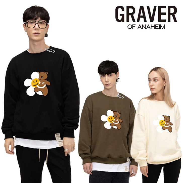 グレーバー トレーナー GRAVER 正規販売店 Flower Bear Smile White Clip Sweatshirt フラワー ベア スマイル ホワイトクリップ スウェットシャツ BLACK CHARCOAL NAVY GREY KHAKI CREAM G(M)-MG-46-IY/BK/NY/GY/KK/CL ウェア