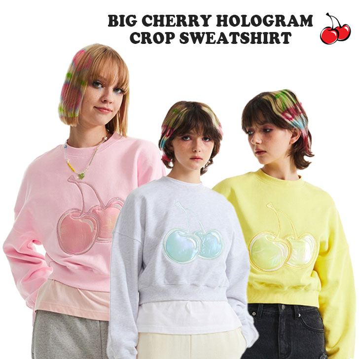 キルシー トレーナー KIRSH 正規販売店 BIG CHERRY HOLOGRAM CROP SWEATSHIRT ビッグ チェリー ホログラム クロップ スウェットシャツ MELANGE GRAY メランジグレー PINK ピンク YELLOW イエロー KKRSCTM506M ウェア