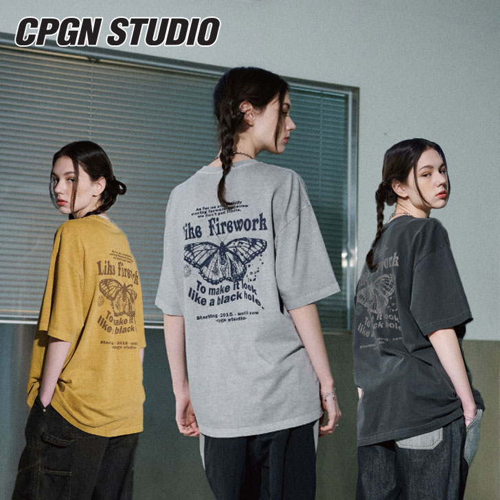 コンパーニョ 半袖Tシャツ CPGN STUDIO_COMPAGNO 正規販売店 BUTTERFLY PIGMENT T-SHIRT バタフライ ピグメント Tシャツ MUSTARD マスタード GRAY グレー BLACK ブラック C23SC28/29/30 ウェア