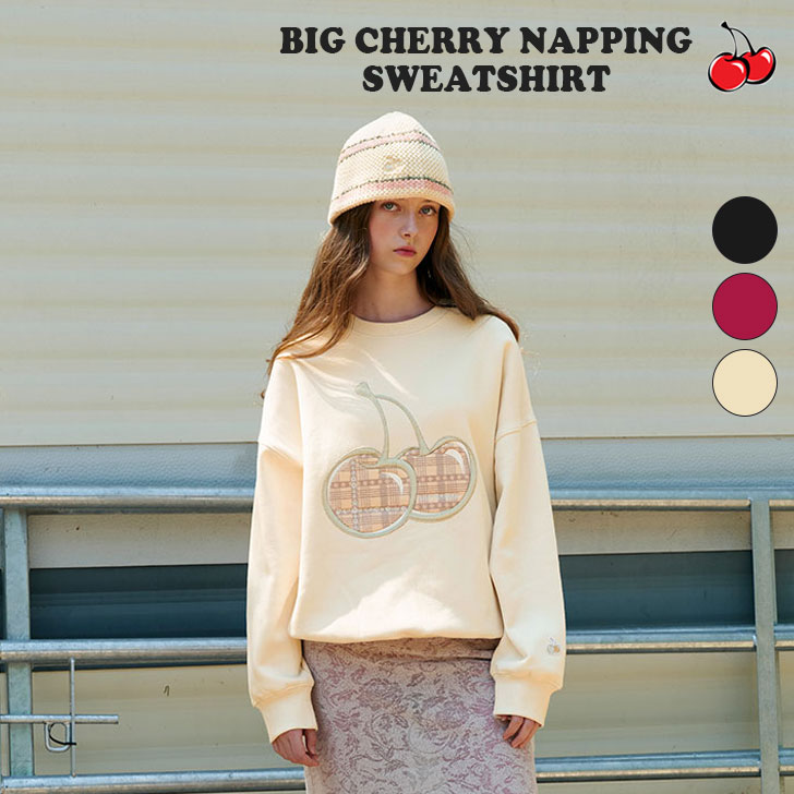 キルシー 韓国 トレーナー KIRSH 正規販売店 BIG CHERRY NAPPING SWEATSHIRT ビッグ チェリー ナッピング スウェットシャツ BLACK ブラック LIGHT BURGUNDY ライトバーガンディー CREAM クリーム 裏起毛 KKRWCTM510M ウェア