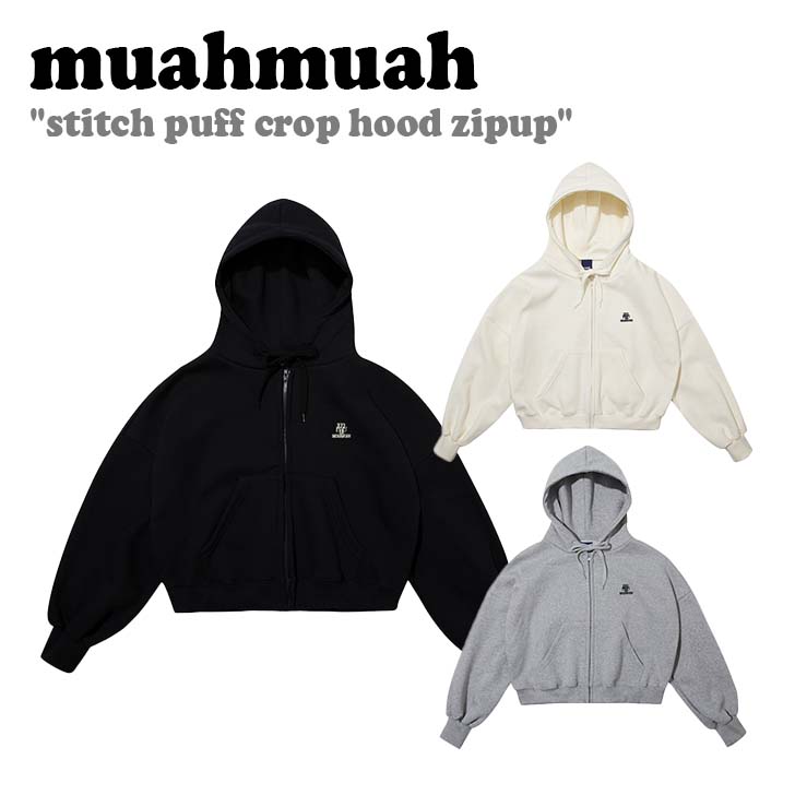 AA p[J[ muahmuah [A[A fB[X Stitch Puff Crop Hood Zipup XeBb` pt Nbv t[h WbvAbv GRAY O[ BLACK ubN CREAM N[ MUJK24101 EFA