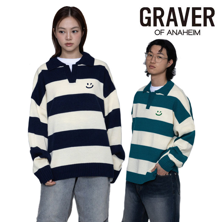 O[o[ jbg GRAVER K̔X Drawing Smile Stripe Collar Knit h[CO X}C XgCv J[jbg Navy lCr[ Green O[ JWA  Xg[g G(W)-SCN(24)-3-GN/NY EFA