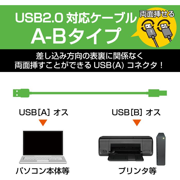 特徴FeatureUSB(A)コネクタが、表でも裏でもどちらからでも挿し込み可能な両面挿しUSBケーブルです。USB（Aタイプ：メス）のインターフェースを持つパソコンやUSBハブに、USB（Bタイプ：メス）のインターフェースを持つプリンタや外付けハードディスクドライブなどの周辺機器を接続可能です。サビなどに強く信号劣化を抑える金メッキピンコネクタを採用しています。仕様Spec商品名両面挿しUSBケーブル（A-B）コネクタ形状表裏どちらでも挿せるUSB（A）オス - USB（B）オス対応機種USB(A)オス側：USB（Aタイプ：メス）端子を持つパソコン、USB(B)オス側：USB（Bタイプ：メス）端子を持つ機器 ケーブル長5.0m　※コネクタ部分を除く規格USB2.0規格（HI-SPEEDモード）準拠対応転送速度480Mbpsプラグメッキ仕様金メッキピンコネクタカラーブラックメーカーエレコムブランドエレコム型番U2C-DB50BKJANコード4953103817791カテゴリUSBケーブル発売(予定)日発売中※記載された製品の価格、仕様、サービス内容及び企業情報などは発表日現在のものです。※最新の情報に関しましては、メーカーサイトをご覧ください。