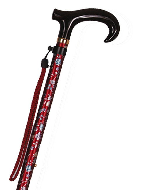 【代引不可】アルミ長さ調節付き房付き花柄ステッキ(杖) アルミ棒＆樹脂手元 赤 全長72～92cm(9段階調..