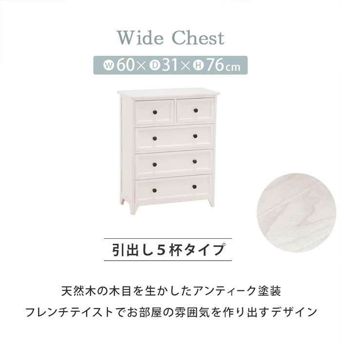 【北海道・沖縄・離島配送不可】【代引不可】チェスト ワイドチェスト W60xD31xH76cm 引出し5杯 タンス 収納 引き出し シャビーウッドファニチャー アンティークホワイト HAGIHARA 2101778700 [2]