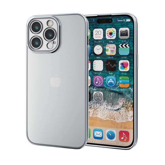 iPhone 15 Pro Max 用 ケース ソフト カバー カメラレンズ保護設計 ストラップホール付 メタリック加工 背面クリア 極限設計 プラチナシルバー エレコム PM-A23DUCTMKSV