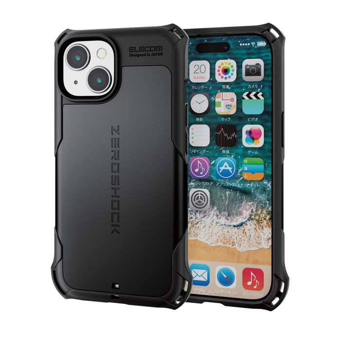 iPhone 15 用 ケース ハイブリッド カバー 衝撃吸収 カメラレンズ保護設計 ストラップホール付 フィルム付 ZEROSHOCK ブラック エレコム PM-A23AZEROBK