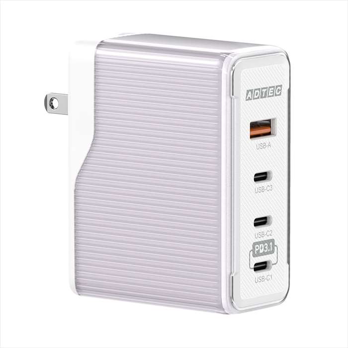 【代引不可】Power Delivery対応 GaN AC充電器 パープル 最大150W Type-A x1 Type-C x3 充電器 PD対応 コンセント充電 ADTEC APD-V150AC3-PU