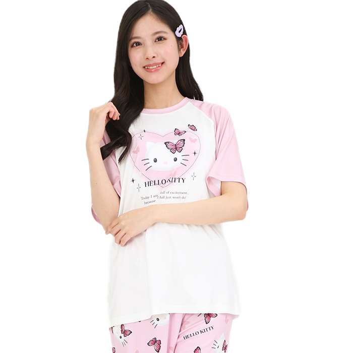 Butterfly ハローキティ パウダーストレッチ セットアップパジャマ（PK×PK・M） レディースサイズ サンリオ キャラクターパジャマ 部屋着 ルームウエア サザック SAN-1907M_PKPK