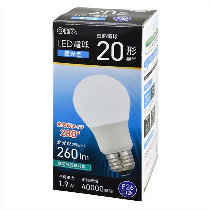 26 mm Cfl - LED電球（20形相当/昼光色/260 lm/1.9W/E26/Ra83/全方向配光280°/密閉形器具対応） OHM LDA2D-G AG59