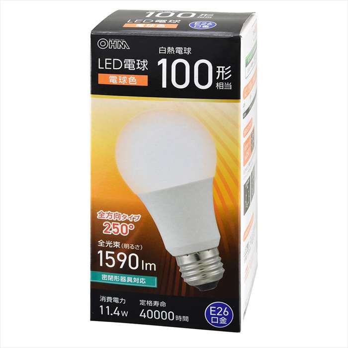 SEARCH WORD：LED電球 LED電球 LED 電球 ライト ランプ 交換用 交換電球 替え 照明 明かり 100形相当 電球色 1590 lm 11.4W E26 Ra83 全方向配光250° 密閉形器具対応 商品概要：全光束1590ルーメン、白熱電球100形相当の明るさ。光の広がり約250°の全方向タイプ。密閉形器具対応。省エネ法2027年度目標基準達成。E26口金。電球色。5年保証対象商品仕　様。商品仕様：■メーカー：OHM■JANコード：4971275654600■商品名：LED電球（100形相当/電球色/1590 lm/11.4W/E26/Ra83/全方向配光250°/密閉形器具対応）■型番：LDA11L-G AG59■仕様：■屋内用（屋外使用禁止）交流電源100V 50/60Hz共用■寸法：全長…118mm、最大径…60mm■質量：98g■定格消費電力：11.4W■全光束：1590 lm■エネルギー消費効率：139.4 lm/W■平均演色評価数：Ra83■定格寿命：40000h【ご注意】※次のような器具には使用できません。・調光機能のついた器具（100%点灯でも使用不可）・誘導灯、非常用照明器具・水銀灯器具など・断熱材施工器具（SB、SGI、SG形表示器具など）・ランプと反射板の距離が狭い器具・直流電源※このほか使用器具の種類によって寸法的、熱的、その他の状況（リモコン機器のついた器具など）により使用できない場合があります。※ご使用になられる照明器具の構造によっては、放熱不良で短寿命となることがあります。※密閉器具でのご使用の場合、器具の寸法により、使用できない場合や寿命が短くなる場合があります。※人感スイッチなど自動点滅装置や遅れ停止スイッチなどには使用できない場合があります。※交流100V、周波数50/60Hz以外の電源では使用しないでください。※ランプ周囲温度が40℃を超える場所では使用しないでください。※製品の仕様は予告なく変更されることがあります。※商品概要、仕様、サービス内容及び企業情報などは商品発表時点のものです。※最新の情報に関しましては、メーカーサイトをご覧ください。※発売前予約商品についてはメーカーの商品製造数により納期が遅れる場合やご注文キャンセルをお願いする場合がございます。