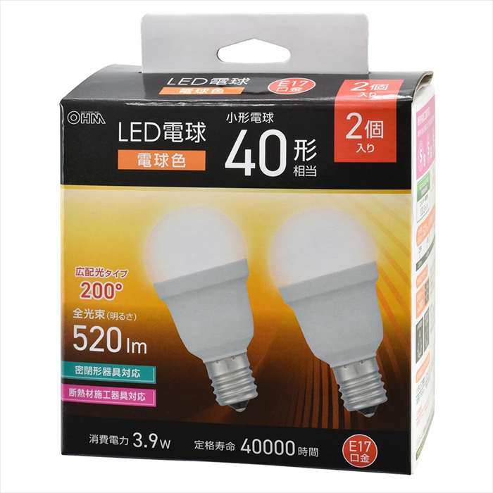 LED電球 小形（40形相当/電球色/520 lm/3.9W/E17/Ra83/広配光200°/密閉形器具対応/...