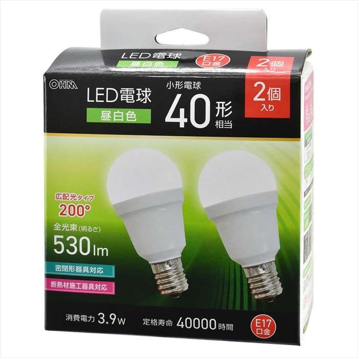 Rakuten - LED電球 小形（40形相当/昼白色/530 lm/3.9W/E17/Ra83/広配光200°/密閉形器具対応/断熱材施工器具対応/2個入） OHM LDA4N-G-E17 IS53 2P