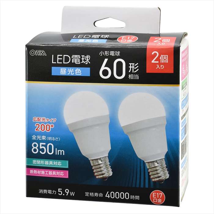 LED電球 小形（60形相当/昼光色/850 lm/5.9W/E17/Ra83/広配光200°/密閉形器具対応/断熱材施工器具対応/2個入） OHM LDA6D-G-E17 IS53 2P