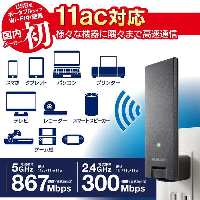 ������Բġ�WiFi ̵��LAN ��Ѵ� Ķ���� 11ac 2x2 ac1200 867+300Mbps ������ǥ� �ǥ奢��Х�� �֥�å� ���쥳�� WTC-1167US-B