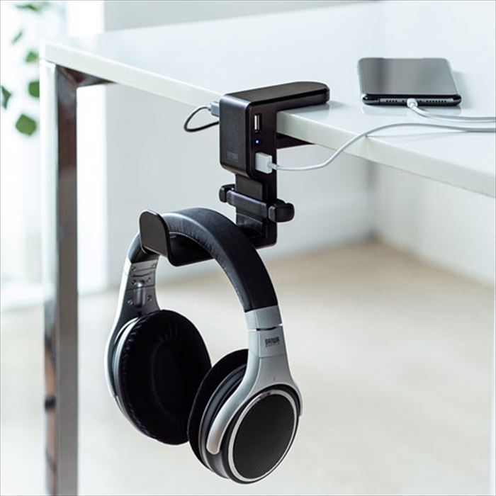 【代引不可】回転式ヘッドホンフック USBポート付き ヘッドホン ヘッドセット 収納 整理 フック ブラック サンワサプライ PDA-STN29BK