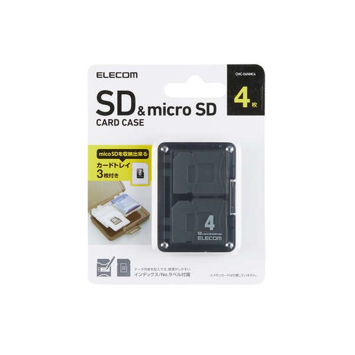SEARCH WORD：SDカード microSDカード メモリカード メモリーカード ケース SDカードケース microSDカードケース メモリカードケース メモリーカードケース メディアケース 収納 整理 保管 コンパクト 持ち運び 便利 トレー カードトレー ラベル インデックスラベル ナンバーラベル ブラック商品概要：SDカードあるいはmicroSDカードを合計4枚、まとめて収納可能です。microSDカードトレーが3枚付属していますので、変換アダプタを使うことなくmicroSDを収納できます。トレー1枚に付きmicroSD1枚が収納可能です。増えていくSDカード、microSDカードをまとめて収納・管理するのに便利です。microSDカードトレーをスロットから取り外すことでSDカードを収納できます。また、変換アダプタも収納可能です。保存しているデータを確認するのに便利なインデックスラベルが付いています。SDカードに貼り付けられるナンバーラベルが付いています。インデックスラベル、ナンバーラベルのナンバリングを連動させることで、複数のSDカードを使用していてもデータ内容をきちんと管理できます。ケースをしっかりと閉じることができるストッパーが付いています。商品仕様：■メーカー：エレコム■JANコード：4549550187206■商品名：SD/microSDカードケース SDカード microSDカード 4枚 収納 整理 カードトレー3枚/ラベル付属 ブラック■型番：CMC-06NMC4■外形寸法：幅64.2mm×奥行10.8mm×高さ46.5mm　■材質：ケース/ホルダー部 ポリプロピレン、microSD用トレー ABS樹脂、インデックスラベル 紙■収納枚数：SDメモリーカード4枚、またはmicroSDメモリーカード3枚+SDメモリーカード1枚■カラー：ブラック■付属品：インデックスラベル×1枚、microSD用トレー×3枚※商品概要、仕様、サービス内容及び企業情報などは商品発表時点のものです。※最新の情報に関しましては、メーカーサイトをご覧ください。※発売前予約商品についてはメーカーの商品製造数により納期が遅れる場合やご注文キャンセルをお願いする場合がございます。