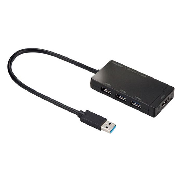 SEARCH WORD：USBハブ HDMIポート搭載 USB3.2 Gen1(USB3.1/USB3.0) 3ポートハブ バスパワー 小型 モバイルタイプ商品概要：HDMIの出力に対応したUSB3.2 Gen1（USB3.1/USB3.0）のハブです。マルチディスプレイ環境（ミラーモード/拡張モード）に対応しています。USB3.2 Gen1（USB3.1/3.0）のスーパースピードモード（5Gbps）〈理論値〉に対応しています。※USB3.2 Gen1はUSB-IF(USB Implementers Forum )によりUSB3.1/3.0が名称変更されたもので同じ規格です。商品仕様：■メーカー：サンワサプライ■JANコード：4969887781401■商品名：USBハブ HDMIポート搭載 USB3.2 Gen1(USB3.1/USB3.0) 3ポートハブ バスパワー 小型 モバイルタイプ■型番：USB-3H332BK■対応機種：Windows搭載（DOS/V）パソコン■対応OS：Windows 10・8.1・8・7 ※標準で各種対応のUSBポートを持ち、パソコン本体メーカーが対応USBポートの動作保証をしている機種。※USB3.2 Gen1(USB3.1/3.0)の環境で動作させるためにはパソコン本体にUSB3.2 Gen1(USB3.1/3.0)ポートが搭載されており、接続するケーブルや機器についてもUSB3.2 Gen1(USB3.1/3.0)に対応している必要があります。※USB2.0/1.1規格の製品を接続する場合、最大転送速度は遅いほうの規格になります。※本製品はUSB3.2 Gen1(USB3.1/3.0)規格に対応しておりますが、USB3.2 Gen1(USB3.1/3.0)の理論値（5Gbps）の転送速度を保証するものではありません。※本製品はUSBハブですが、全てのUSB機器に接続できるものではありません。また動作を保証するものではありません。※USBスキャナーやスキャナーを搭載した複合機、USB機器の認識にシビアなUSB機器についてUSBハブ経由では正常に動作しない場合があります。■USBハブ部：インターフェース：USB仕様 Ver.3.2 Gen1（USB3.1 Gen1/USB3.0）準拠（USB Ver.2.0/1.1上位互換） / 通信速度：5Gbps、480Mbps、12Mbps、1.5Mbps（理論値） / コネクタ形状：USB3.2 Gen1（USB3.1/USB3.0）Aコネクタ メス×3 (ダウンストリーム）、USB3.2 Gen1（USB3.1/USB3.0）Aコネクタ オス×1 (アップストリーム） / 電源：バスパワー / 供給電流：最大600mA（全ポート合計）※接続する機器の消費電流が本製品の供給電流を超える場合、バスパワーで正常に動作しない場合があります。 / ポート数：3ポート■映像出力：コネクタ形状：HDMIタイプA（19pin）メス×1※HDCPには対応していません。 / 対応解像度：最大2048×1152（60Hz） / デュアルディスプレイ対応：対応■共通仕様：サイズ：W87×D45.2×H14mm / 重量：約52g / ケーブル長：約30cm / セット内容：CDドライバー、取扱説明書※商品概要、仕様、サービス内容及び企業情報などは商品発表時点のものです。※最新の情報に関しましては、メーカーサイトをご覧ください。※発売前予約商品についてはメーカーの商品製造数により納期が遅れる場合やご注文キャンセルをお願いする場合がございます。